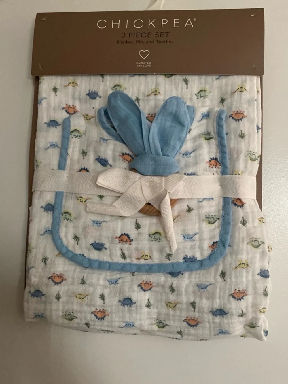 chick pea White Muslin Bib Set with Blue Trim and Multicolor Dino Print